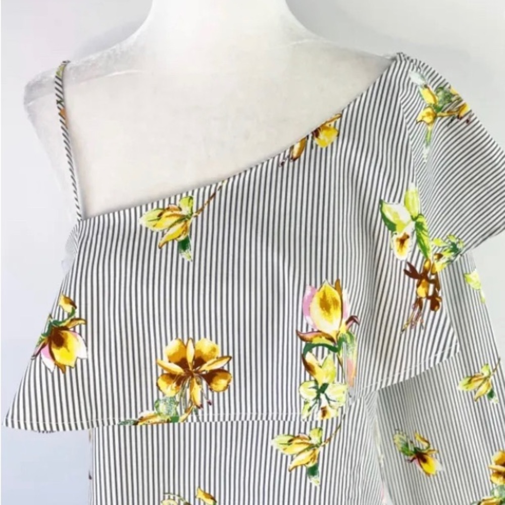 Lumière Floral Striped One Shoulder Long Sleeve Shirt Grey Multi Size S - Picture 3 of 10